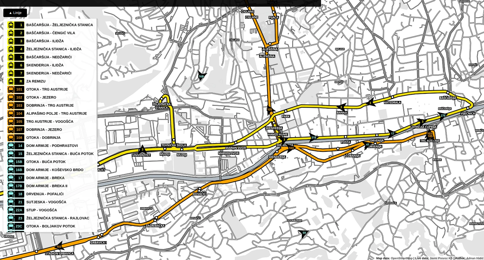 Screenshot of Navsa: tram, trolleybus, and bus routes drawn as yellow and orange lines over a street map of Sarajevo, with a legend listing each line.